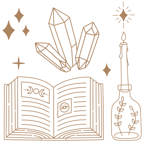 Illustration of an open book with crescent moons, an eye symbol, and three floating crystals, set against a starry background. A bottle adorned with a leaf and a glowing candle completes this enchanting depiction perfect for any metaphysical or divination shop.