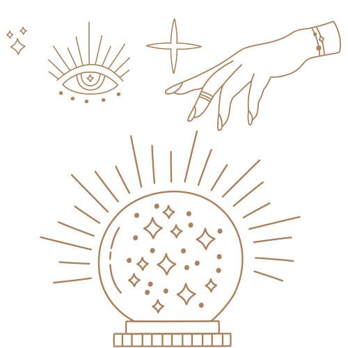 Illustration for a metaphysical and divination shop, showcasing a stylized eye with lashes, an elegantly adorned hand pointing towards a crystal ball. Sparkles and radiating lines add charm, while surrounding stars and eye motifs evoke mystic allure.