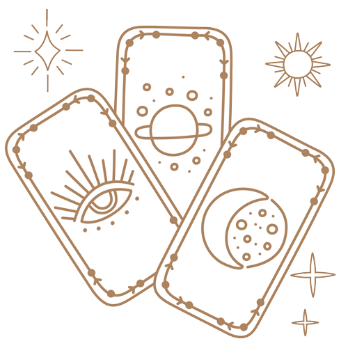Illustration of three tarot cards from a metaphysical shop. One features an eye and a sunburst, another shows a planet with rings, and the third displays a crescent moon with stars. Additional celestial decorations complete this enchanting divination scene.