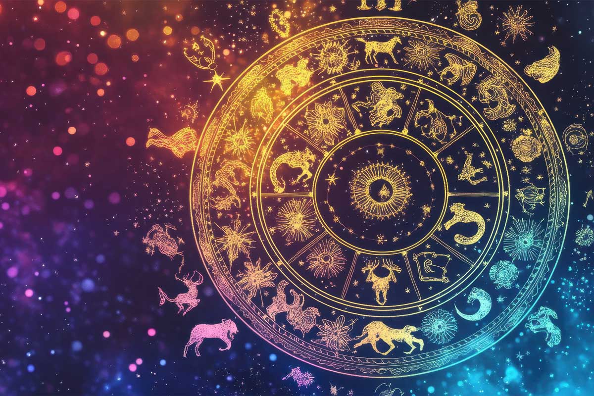 A metaphysical zodiac chart with astrological symbols in a circular arrangement is set against a gradient of blue, purple, and orange. Sparkling lights resemble stars, and each zodiac sign is intricately detailed and illuminated in gold tones, perfect for a mystical singles night.