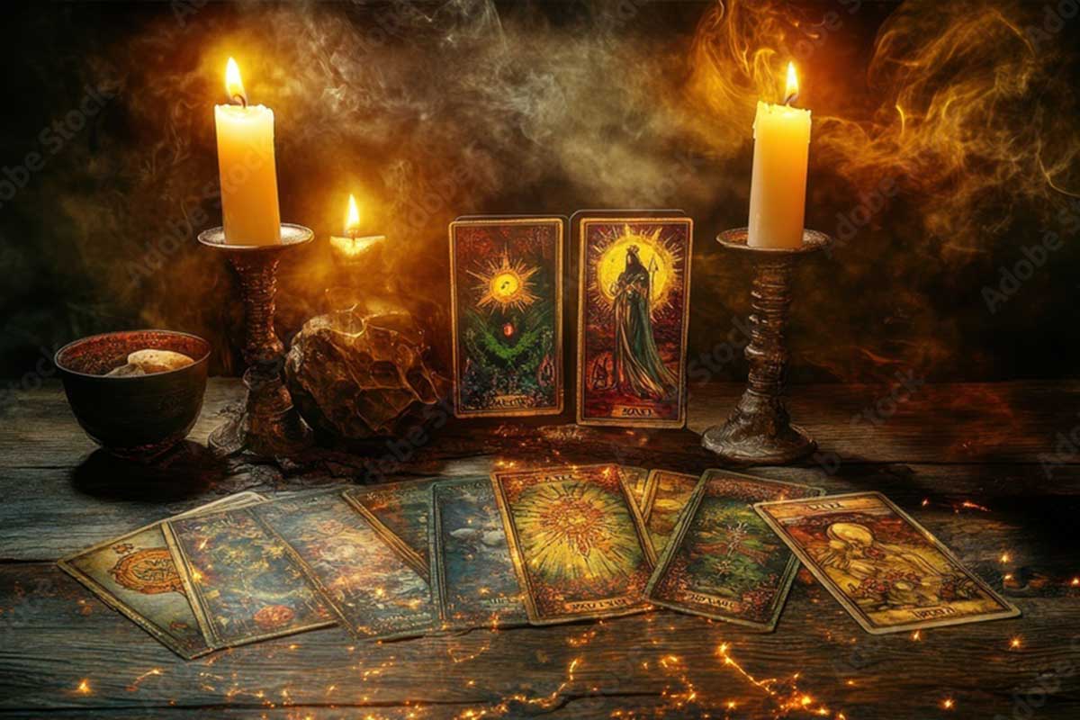 A mystical setup with lit candles and tarot cards on a wooden table suggests intimate readings. Smoke drifts upward, and the cards feature intricate designs. A bowl of stones and a crystal add to the mystical ambiance, while warm, glowing light enhances the scene.