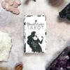 Surrounded by crystals, "The Black Violet Tarot - The White Deck" by Heidi Phelps features an illustration of a woman with a cat amidst intricate black and white floral patterns.