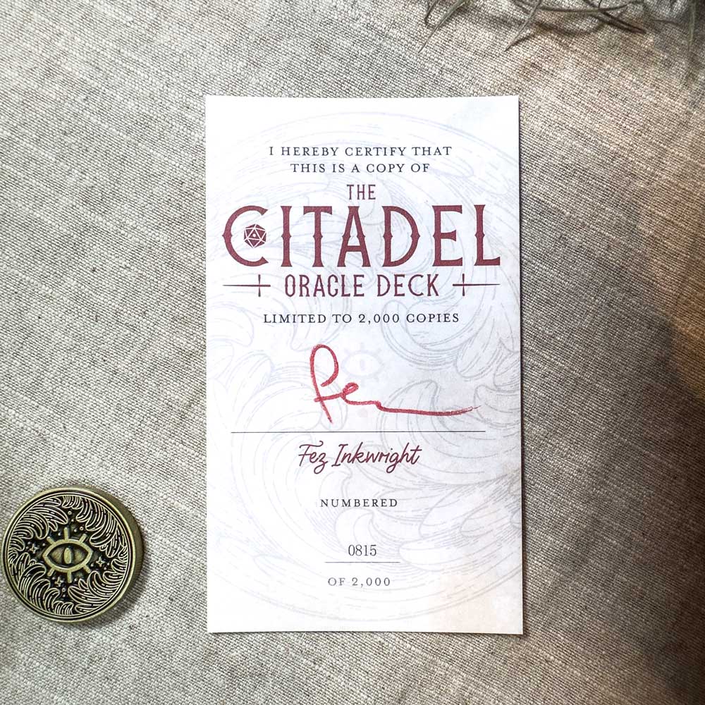The certificate of authenticity for "The Citadel Oracle - LE Boxed Set" confirms it as a limited edition of 2,000 copies. Signed and numbered 0815/2000, it has a textured surface and includes a decorative coin.
