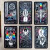 Six Cosmic Visions Tarot cards, featuring vibrant designs like candles, a pentacle-bearing woman, abstract shapes, a tree, a serpent, and a lion are arranged in two rows. Card names include The Star, The Divine, and Judgement.