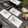 In an Elemental North Tarot setup, the Emperor card features symbols like a crown and rose, displayed alongside two other tarot cards. A deck, rose quartz crystals, a feather, and a small skull rest on a textured surface with pine branches.