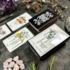An intricately designed Elemental North Tarot and oracle card set is displayed on a table, surrounded by a crystal cluster, small pink stones, and sprigs of greenery, creating a mystical and natural ambiance.
