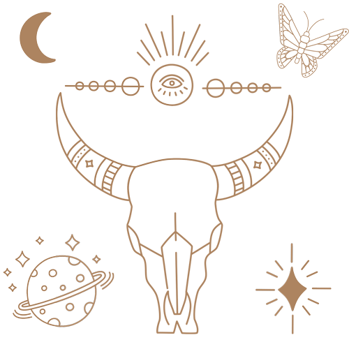 Illustration of a celestial theme perfect for a metaphysical and divination shop, featuring a crescent moon, butterfly, planets, stars, and abstract shapes in symmetrical harmony. The minimalist line art and decorative elements shine on a soothing beige background.
