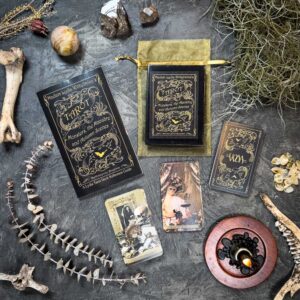 Madam Lydia Wilhelmina's Tarot features ornate, textured cards. The set includes a candle in a holder, crystals, a small skull, dried foliage, bones, and a decorative pouch for an enhanced mystical atmosphere.