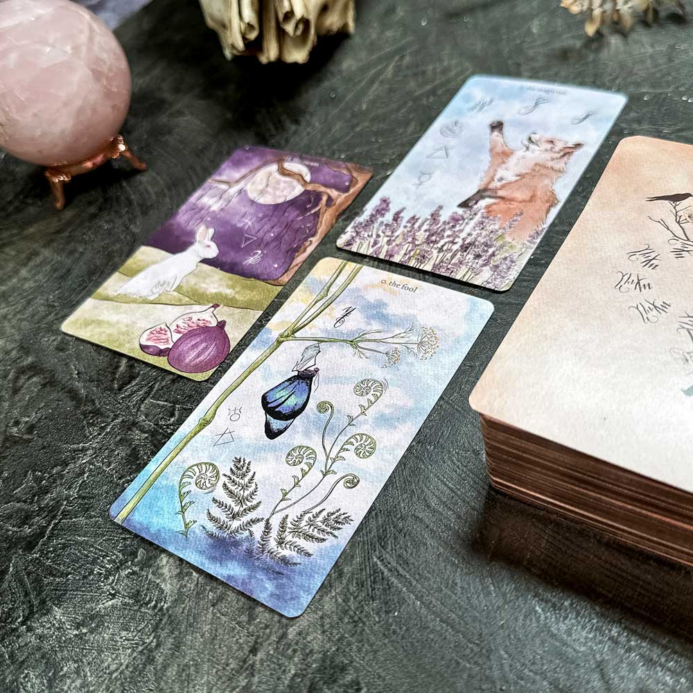 The Likely Tarot, featuring whimsical animal and nature illustrations, is displayed on a dark surface. Nearby, a pink stone sits on a stand. The top card showcases a butterfly and ferns, inviting insight and wonder.