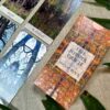 The Tree Whisper Oracle deck, designed by Maggie Black, features enchanting cards with vibrant autumnal tree designs. The box sits elegantly on a table adorned with green leaves, capturing the essence of nature's whispers.