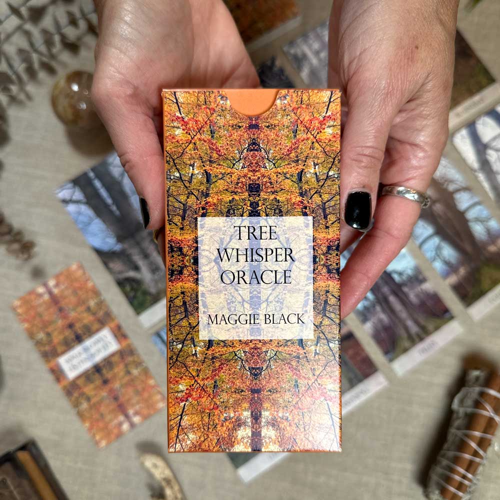 Hands softly cradle a box with an autumn tree design labeled "Tree Whisper Oracle" by Maggie Black, set against a backdrop of nature-themed cards and decor.