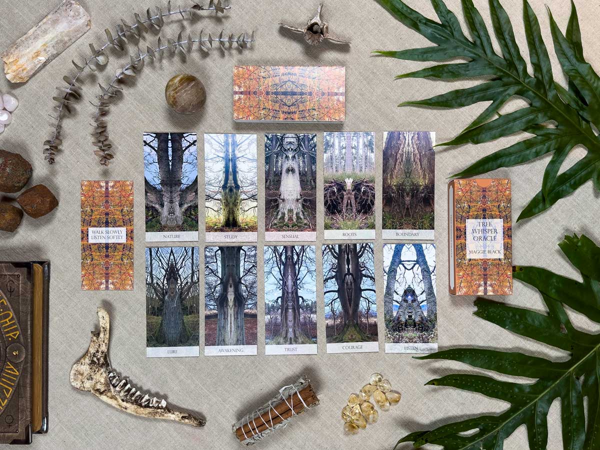 The Tree Whisper Oracle tarot spread is arranged on a cloth, surrounded by bones, crystals, and leaves. Two patterned cards flank the layout with "The Universe Conspire" card visible at the side.