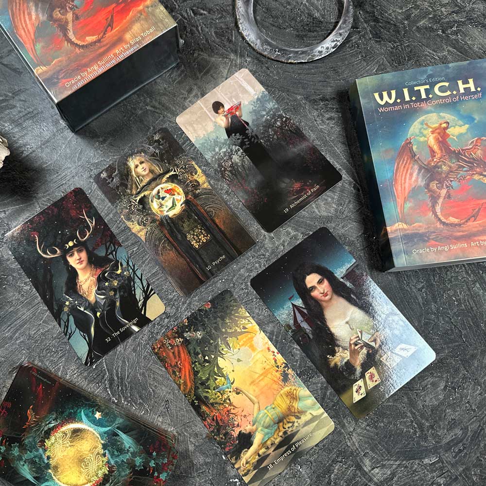 A set of vibrant oracle cards lies on a dark surface, each with mystical imagery. The "W.I.T.C.H." box hints at a magical and empowering theme, inviting you into the enchanting world of witchcraft.