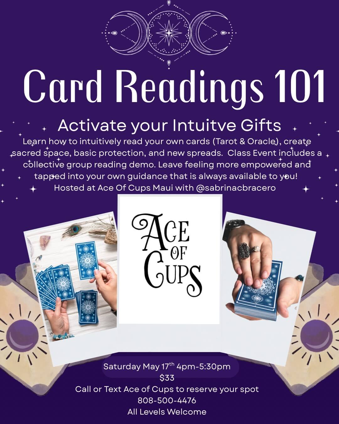 Dark purple background event poster for Card Reading 101 at Ace of Cups Maui.