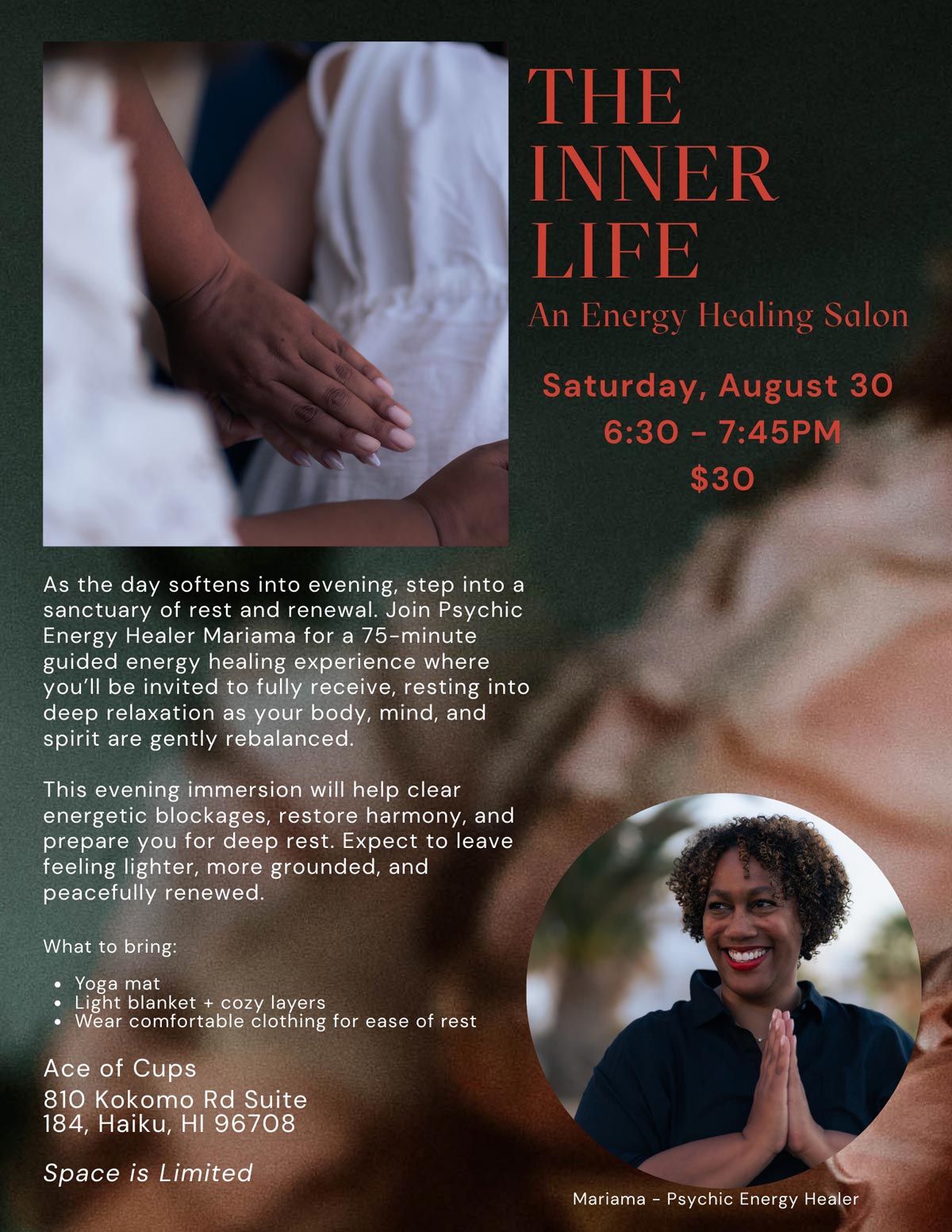 A flyer for "The Inner Life: An Energy Healing Salon — Late Night Edition" featuring event details, calming background images of hands with candlelight, a smiling woman with hands in prayer, and text describing a guided energy healing session.