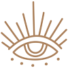Stylized eye illustration with rays extending upward and dots below, perfect for a metaphysical and divination shop. The design features a brown line drawing style on a transparent background.
